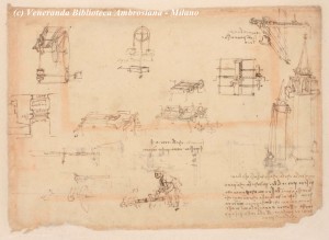 Metodo per sollevare una campana in cima a un campanile e strumenti meccanici vari - Fonte: Veneranda Biblioteca Ambrosiana